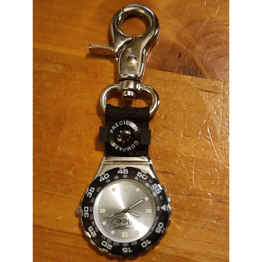 Tomax USA Clip-On Fob Watch with Compass Silver Tone Tachymeter Black Bezel